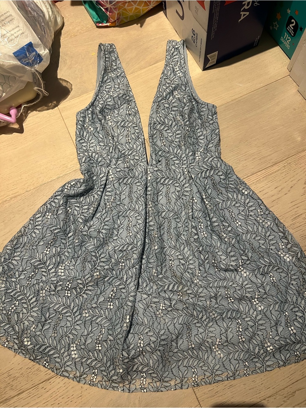 Dusty Blue Lace V-Neck Midi Dress